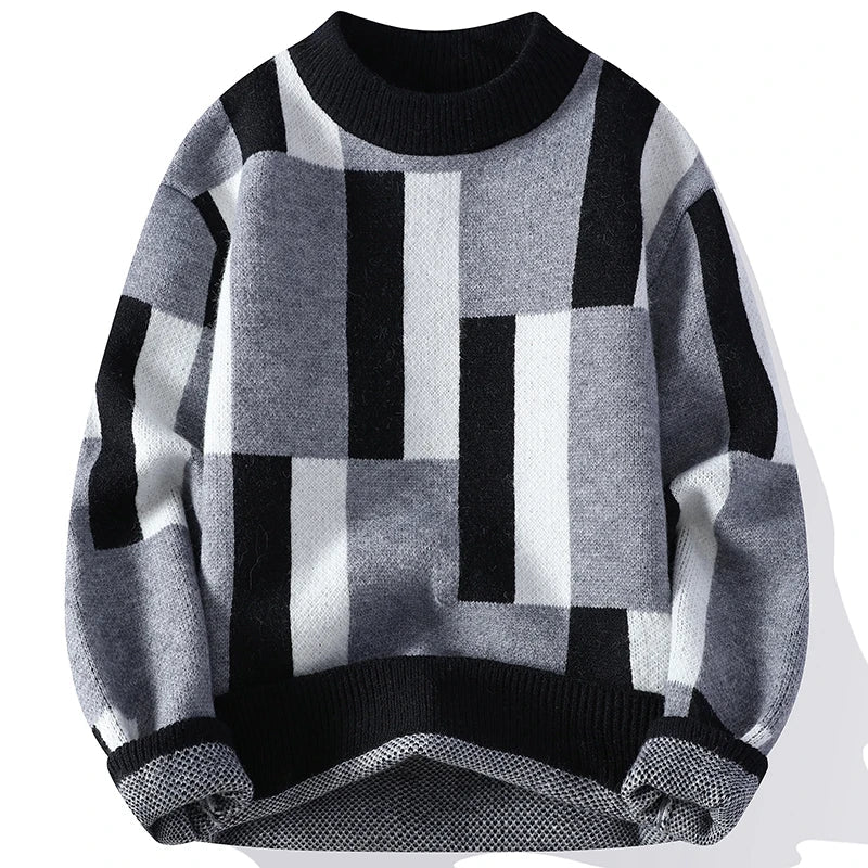 Women's colorblock geometric knit sweater with bold rectangular panel design in contrasting tones