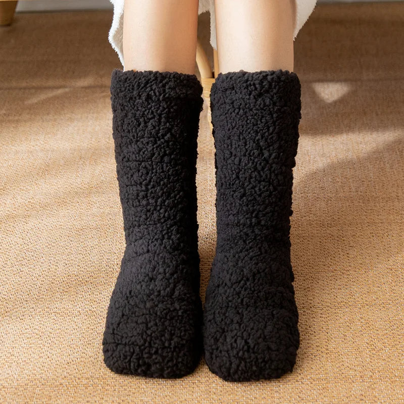 Coraline ultra-plush fleece lined mid-calf socks in cozy tones with non-slip grip bottoms
