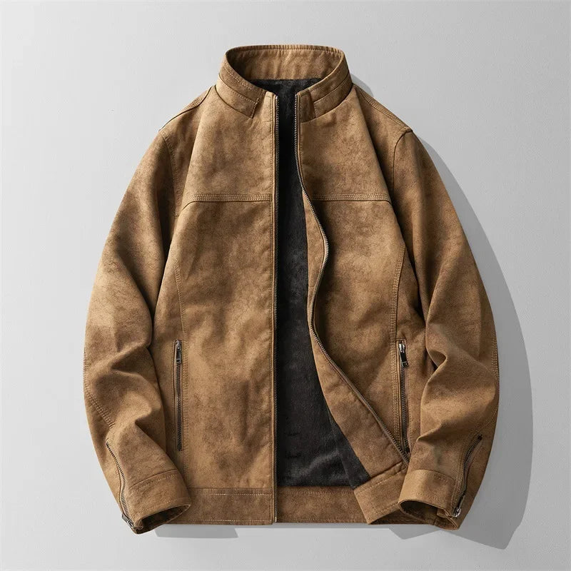Men's matte black premium leather jacket with stand collar, fleece-lined for warmth and quiet luxury