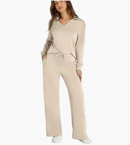 Women's lounge set wide leg pants V-neck collar top relaxed fit travel-ready comfort wear