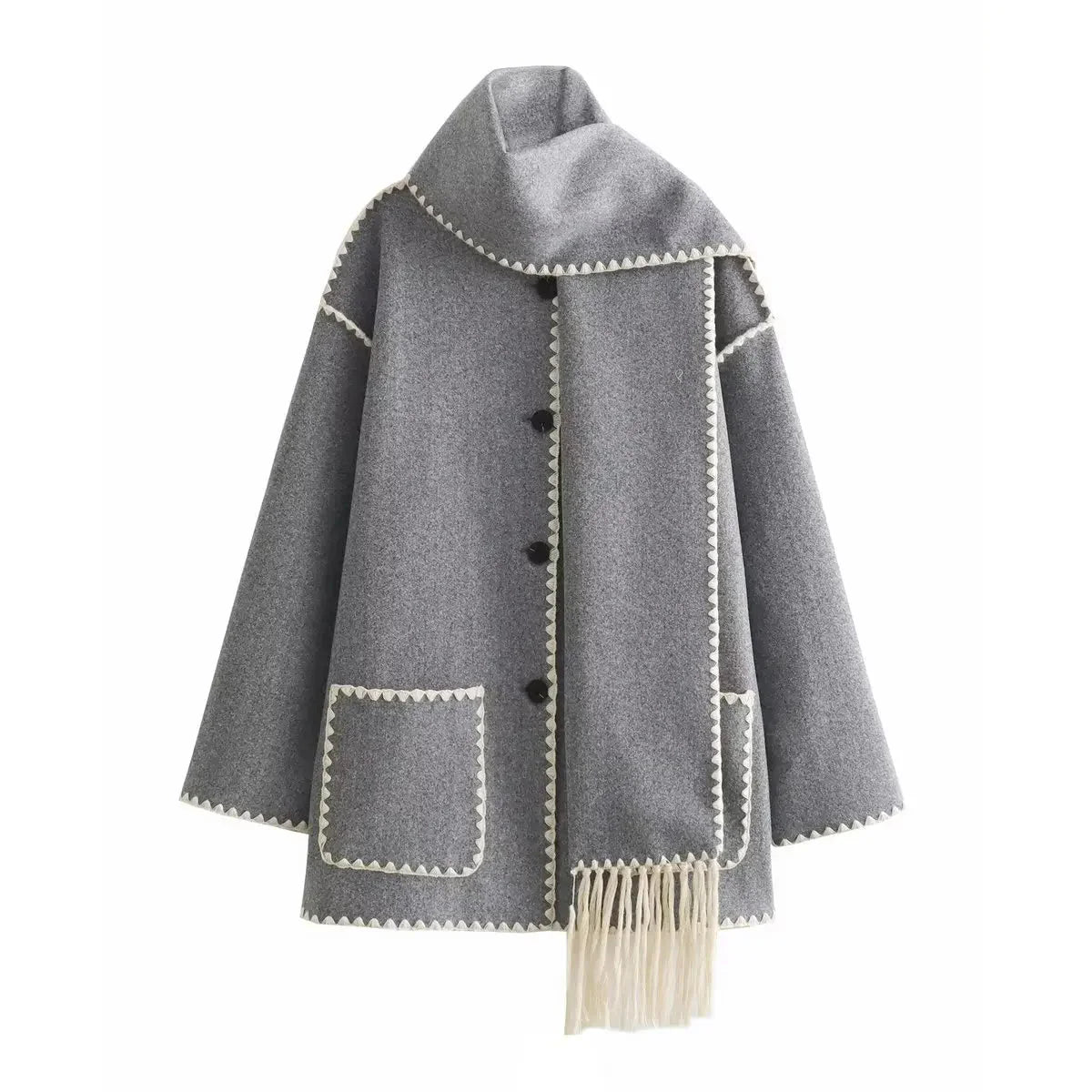 Women's relaxed fit knee-length wool coat with integrated fringed scarf for cozy stylish warmth