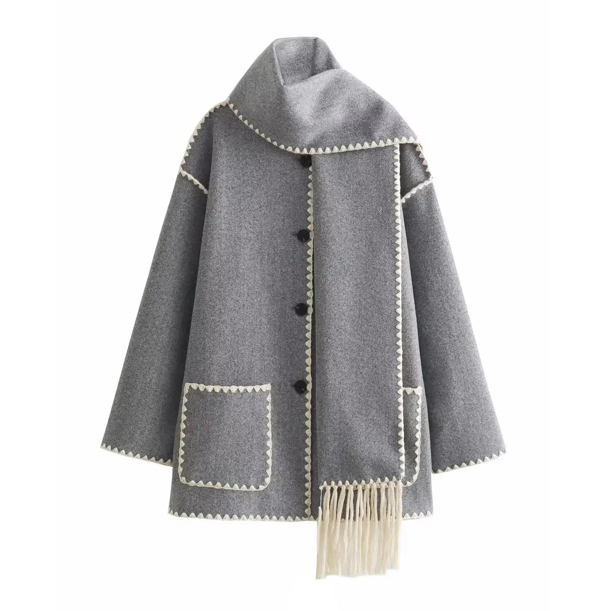 Warm wool blend French coat with integrated scarf, bold whipstitching detail, refined winter style