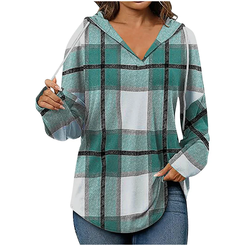 Ruby oversized V-neck hoodie women grid pattern cotton-poly blend cozy casual cool-weather layering