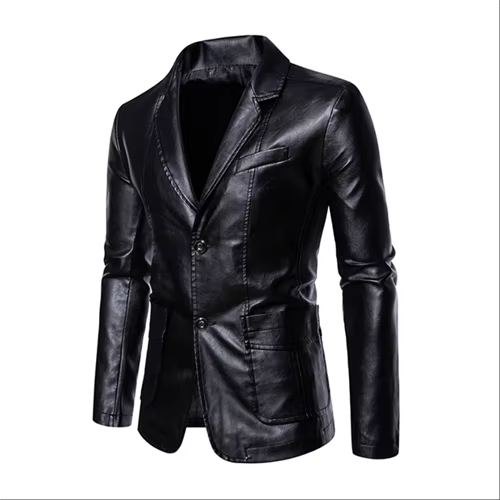 Men's black slim-fit leather jacket with suit collar, premium smooth finish for business professionals