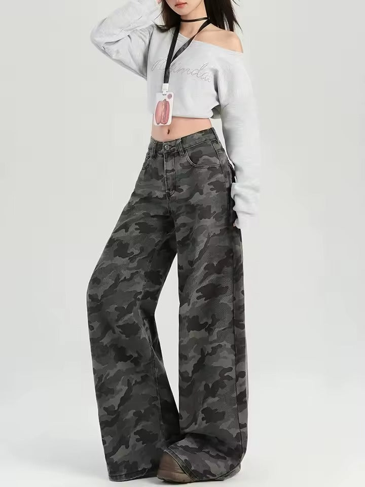 Paige Denim women's camo high-rise wide-leg flared jeans with floor-length drape