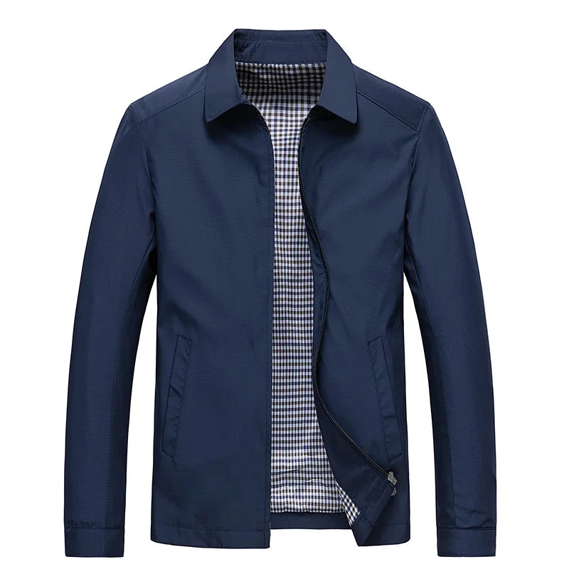 Men's casual zip-up jacket with long sleeves and distinctive checked interior lining for everyday wear