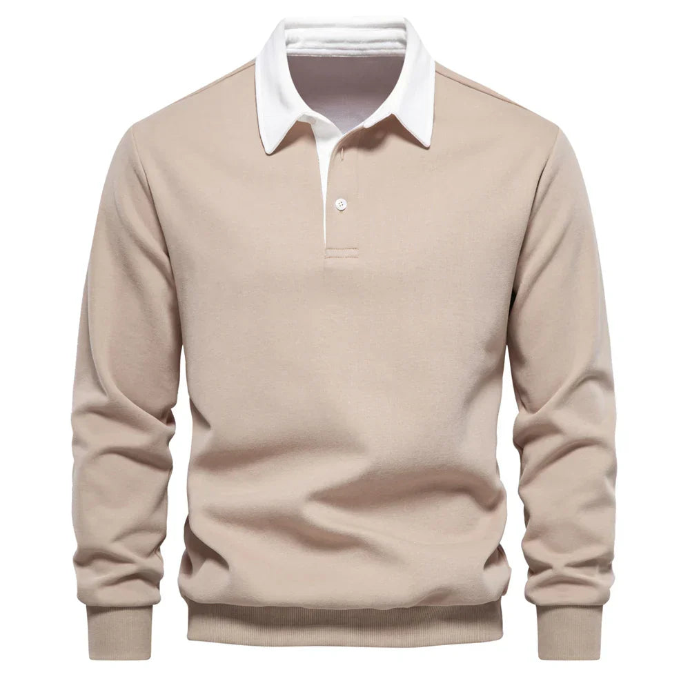 Navy cotton knit polo pullover with heritage collar and crisp white contrast trim for men