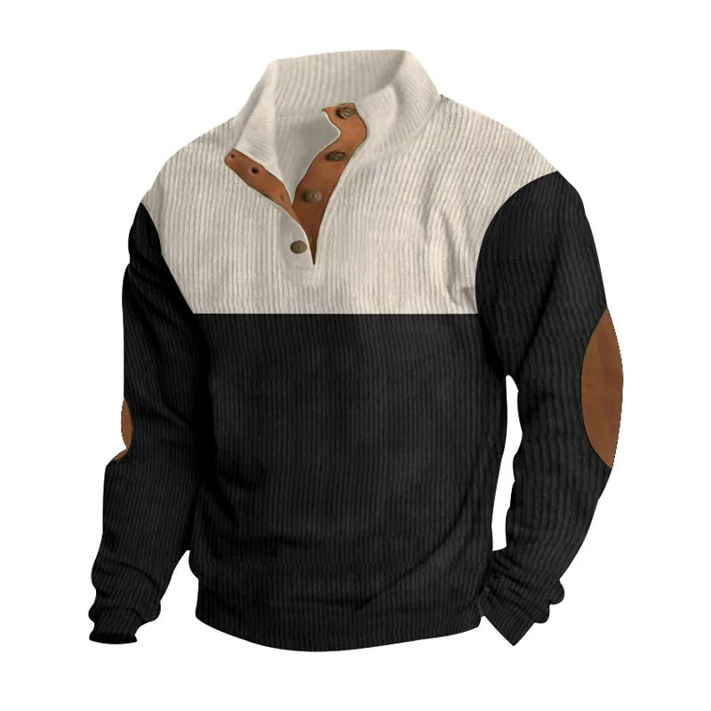 Two-tone button-up men's knit sweater with elbow patches, classic modern fit, contrasting panels