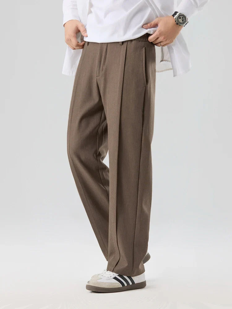 UrbannVibe straight-cut pleated pants with elastic waist, smart-casual loose fit for professionals