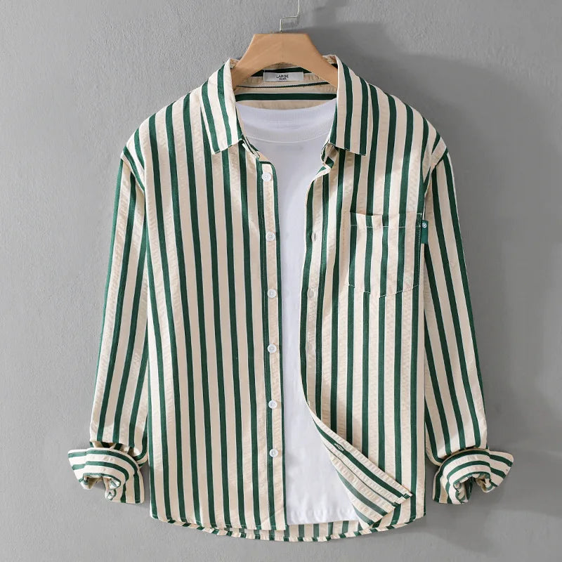 Men's blue striped long sleeve shirt relaxed fit with functional chest pocket
