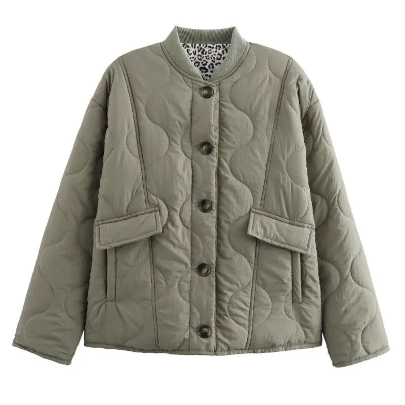 Women's padded cotton jacket beige leopard print patchwork sleeves warm cozy fall winter style