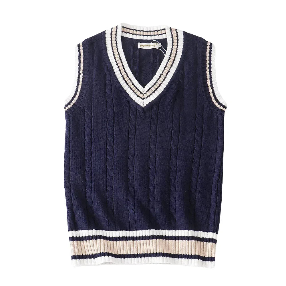 Men's thick knit sleeveless V-neck sweater vest, versatile autumn layer with ribbed texture