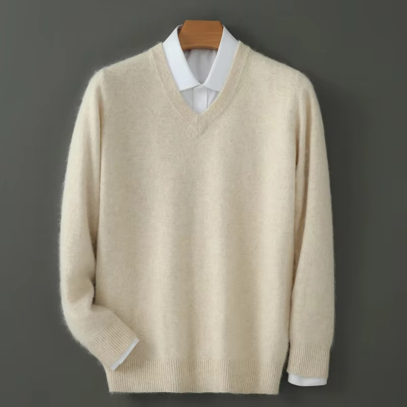 Men's navy cashmere blend V-neck sweater, relaxed plus-size fit with lightweight knit warmth