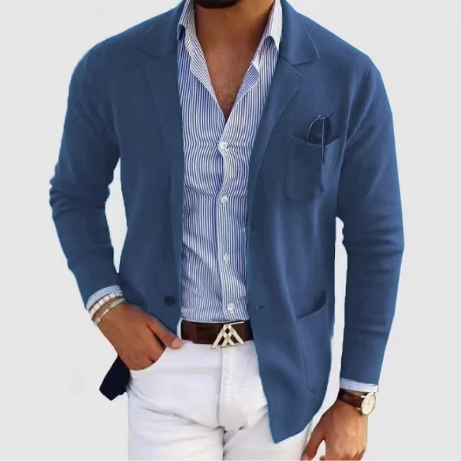 Men's gray knitted cardigan coat turn-down collar multi-pocket minimalist modern fit
