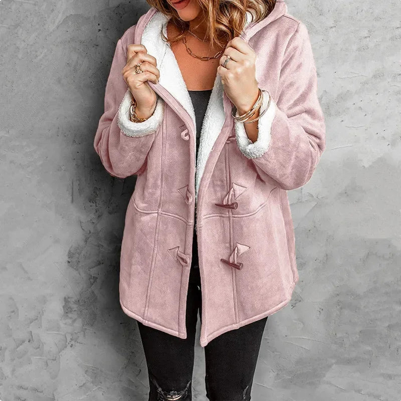 Hooded plush fleece-lined unisex winter coat with toggle closures for cold-weather outdoor warmth