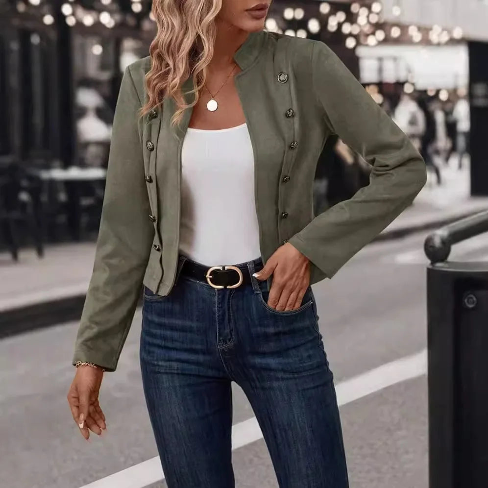 Women's cropped velvet double-breasted jacket tailored fit with decorative buttons chic suede-like texture