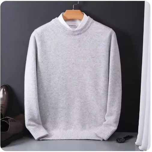 Men's beige cashmere O-neck pullover sweater, fine-gauge knit with soft warmth and slim refined fit