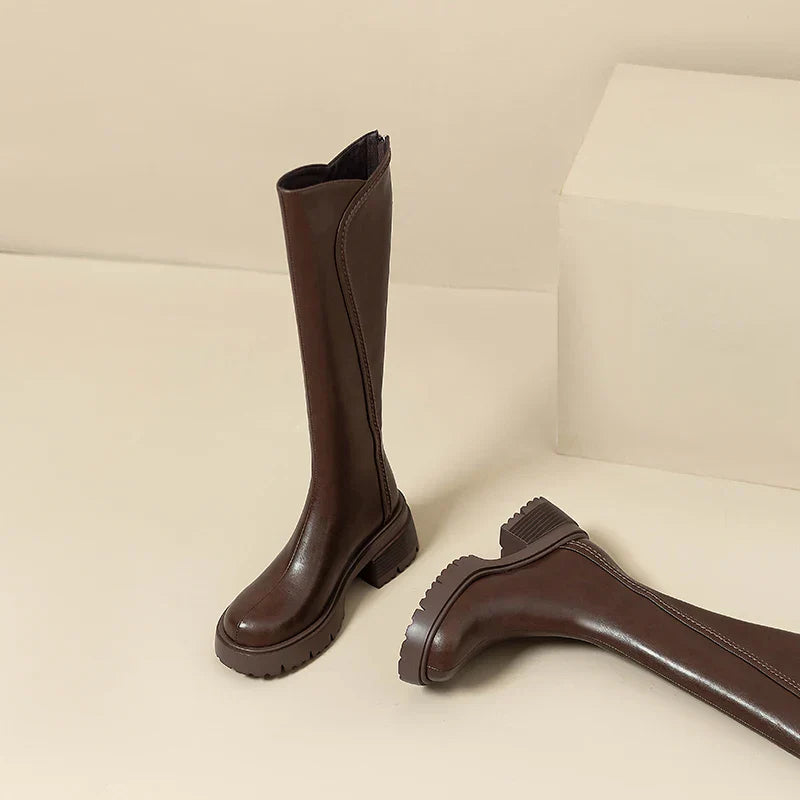 Hazel women's knee-high brown leather orthopedic boots with sleek silhouette and all-day support