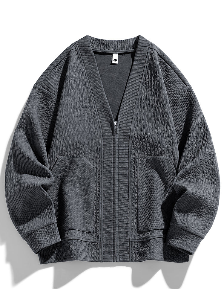 Oversized zip-up cardigan textured cotton blend relaxed fit sleek zip closure cool days