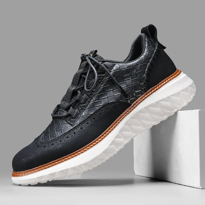 Men's white leather basketweave brogue lace-up sneakers with orthopedic support and smart-casual style