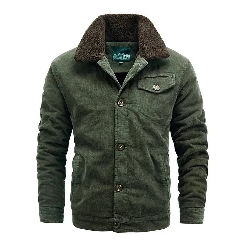 Men's relaxed fit corduroy jacket with plush sherpa collar for cozy casual warmth