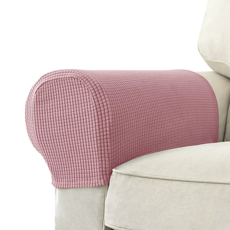 Gray textured stretch armrest cover for sofas, waterproof quilted polyester, modern living room protection