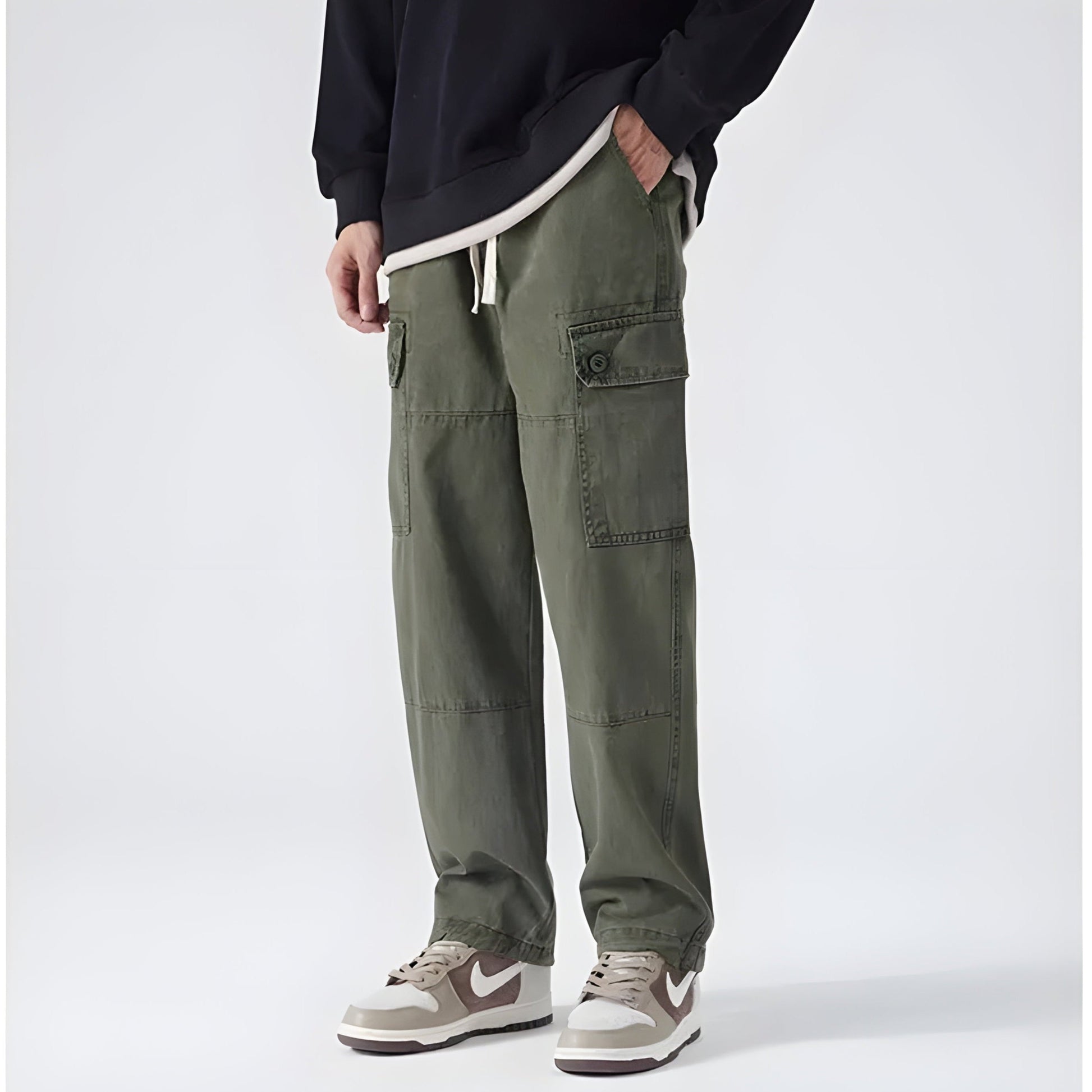 Men's loose straight cargo pants breathable washed cotton knee patch utility pockets drawstring