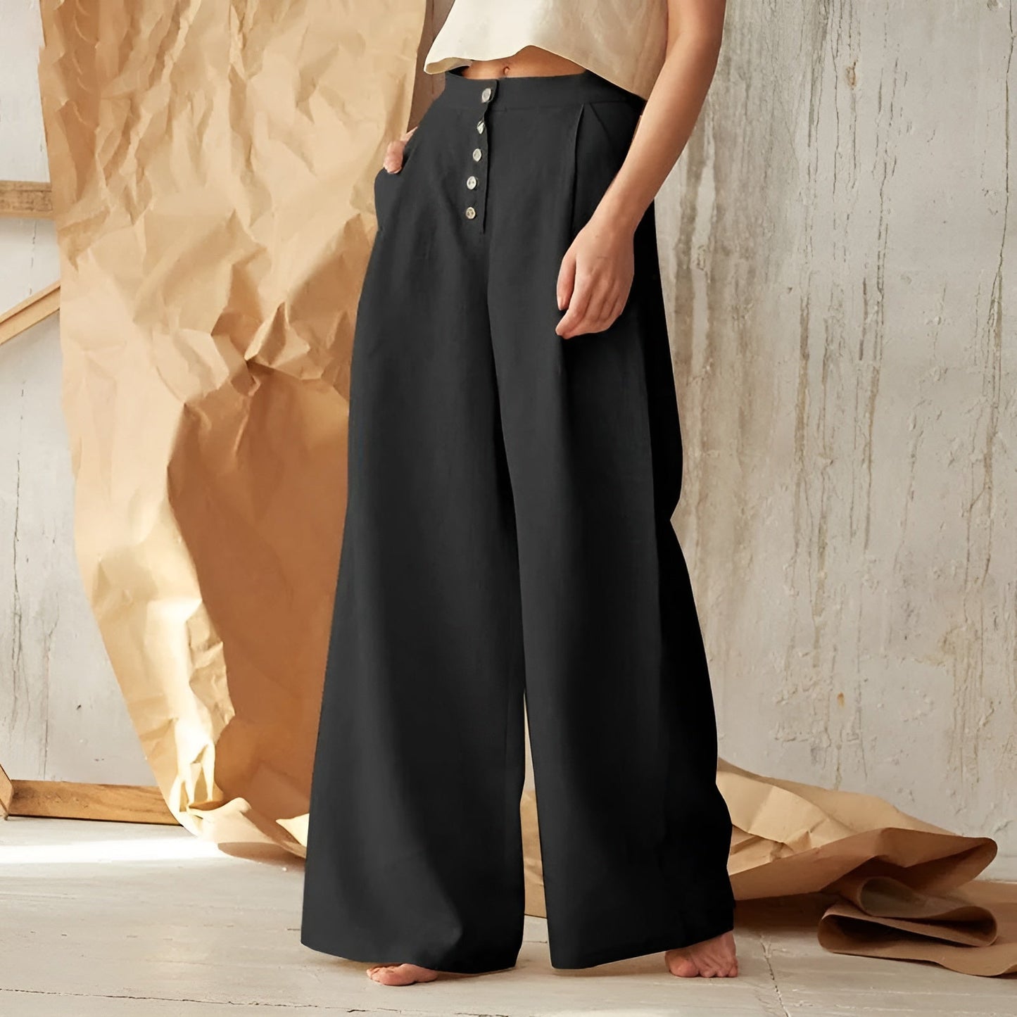Jade wide-leg palazzo pants women high waist button-up cotton linen flowing summer silhouette