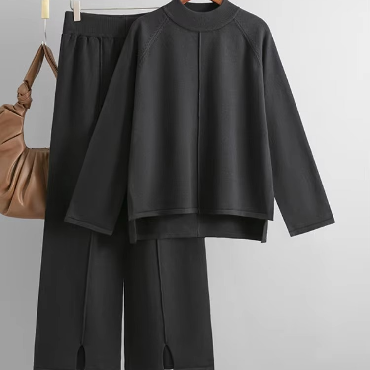 Women's cozy knit two-piece set, wide-leg pants and sweater in neutral tones, relaxed modern fit