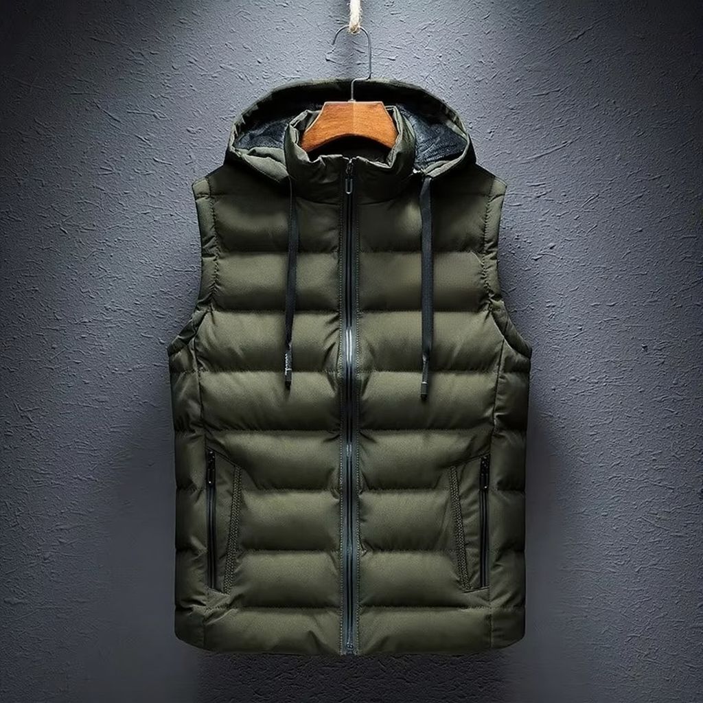 Men's plus-size hooded sleeveless padded vest lightweight cotton blend relaxed fit layering style