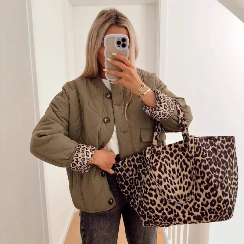 Women's padded cotton jacket beige leopard print patchwork sleeves cozy fall winter style