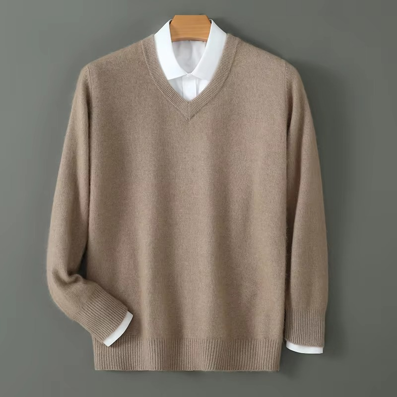 Men's beige cashmere blend V-neck sweater relaxed fit lightweight knit plus size winter pullover