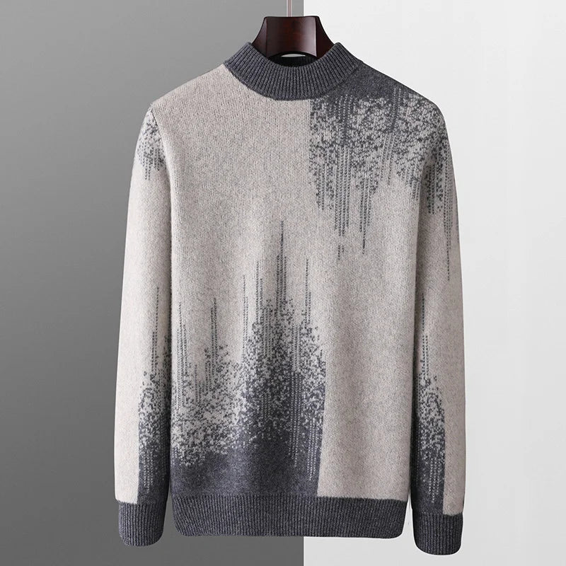 Modern abstract knit sweater with ribbed high neckline, subtle gradient pattern, and sleek slim silhouette