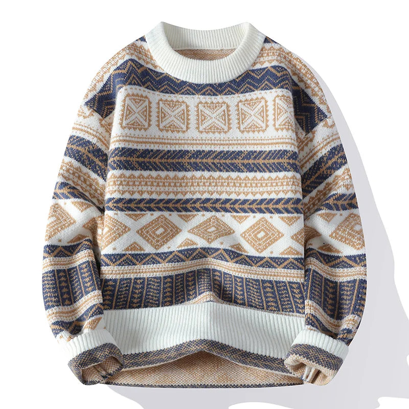 Geometric vintage knit sweater unisex relaxed fit with intricate layered motifs in retro pattern