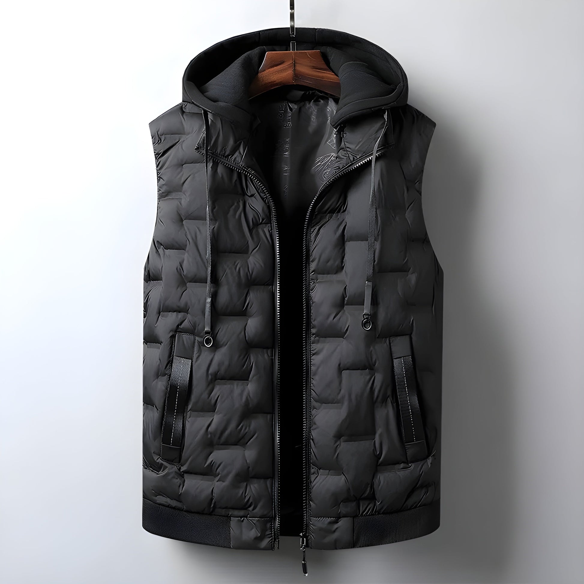 Men's black lightweight insulated hooded vest grid quilt pattern detachable hood urban streetwear