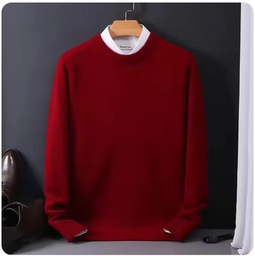 Men's beige cashmere blend O-neck pullover sweater, fine-gauge knit with soft slim-fit silhouette
