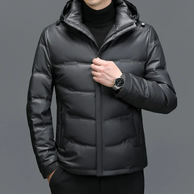 Black faux leather hooded puffer jacket unisex quilted regular fit with zipper closure