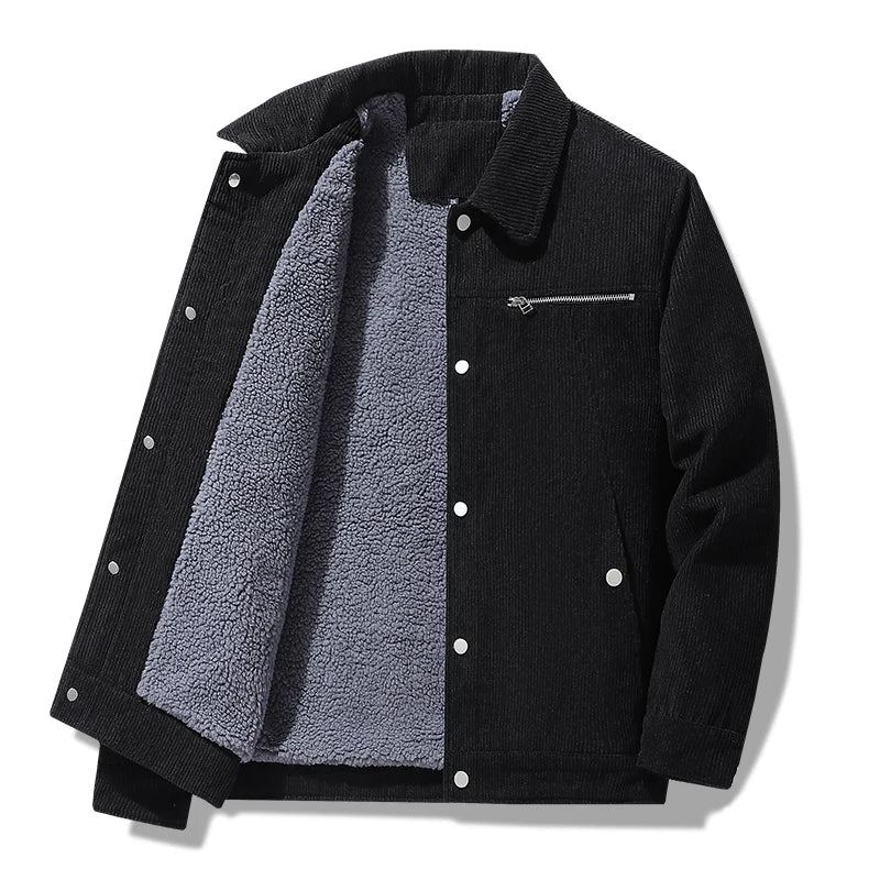 Ribbed corduroy jacket fleece-lined structured fit with metal hardware accent for smart casual wear