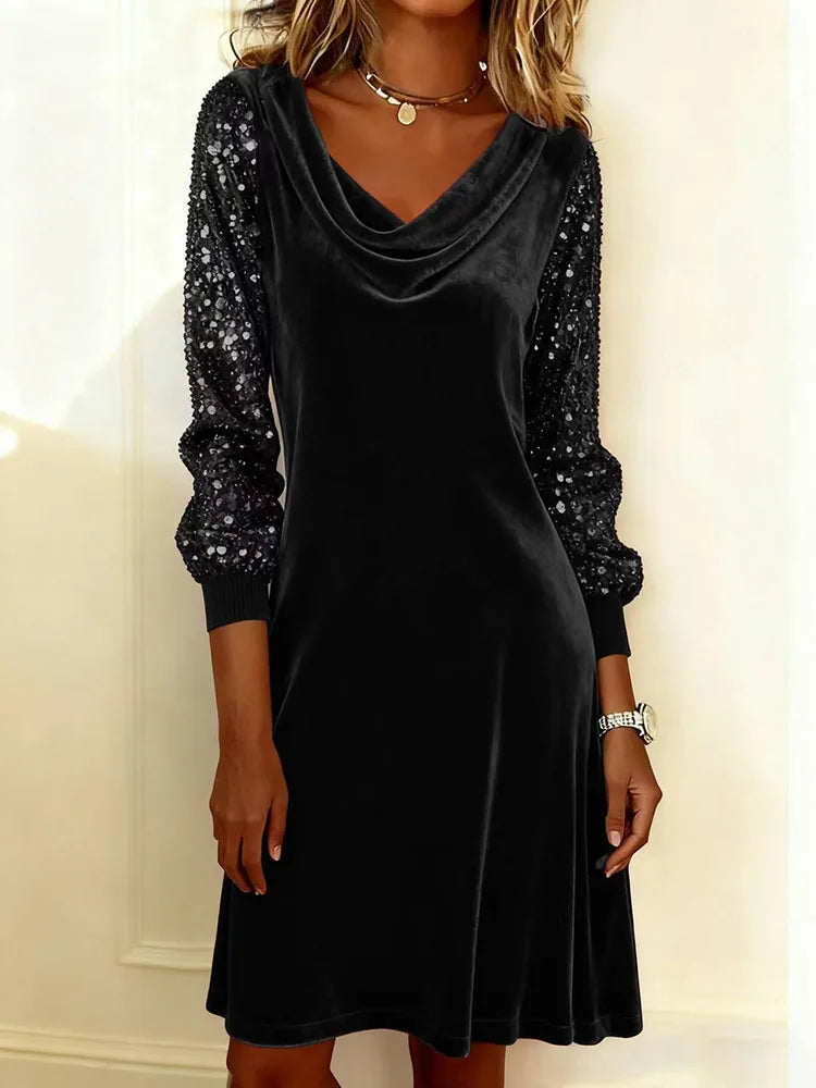 Women's midi dress with sequin sleeves, draped neckline, fluid silhouette for elegant eveningwear