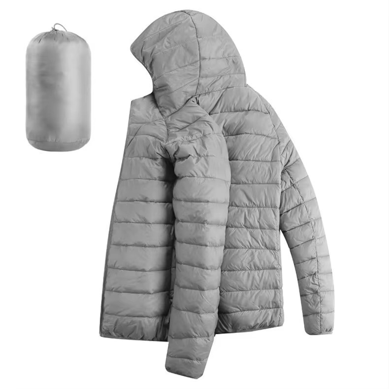 Men's lightweight hooded cotton down parka with zip pockets, slim casual cut for winter warmth