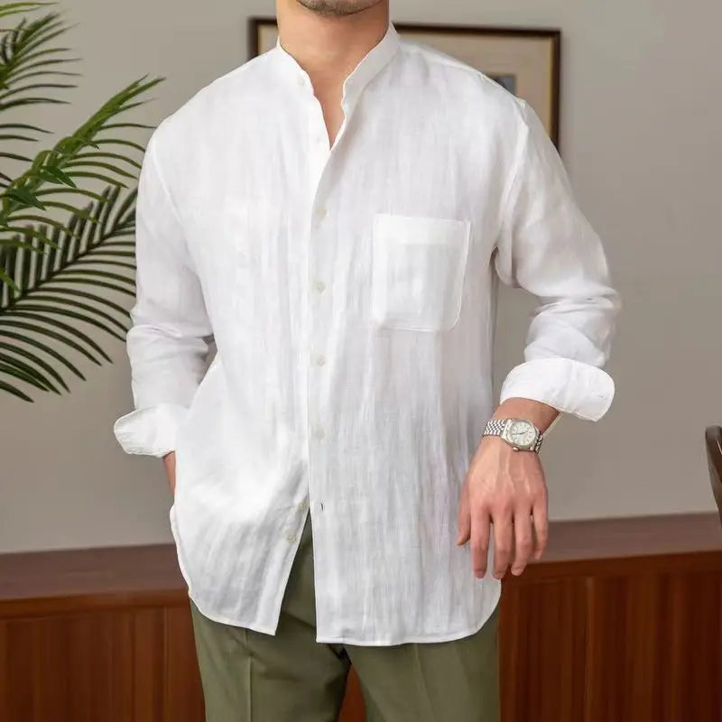 Men's beige linen shirt relaxed fit Mandarin collar long sleeve breathable casual summer top