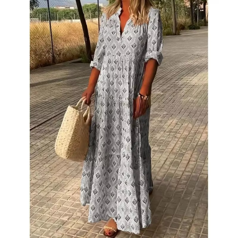 Plus size vintage maxi dress with stand collar and long sleeves in summer floral print