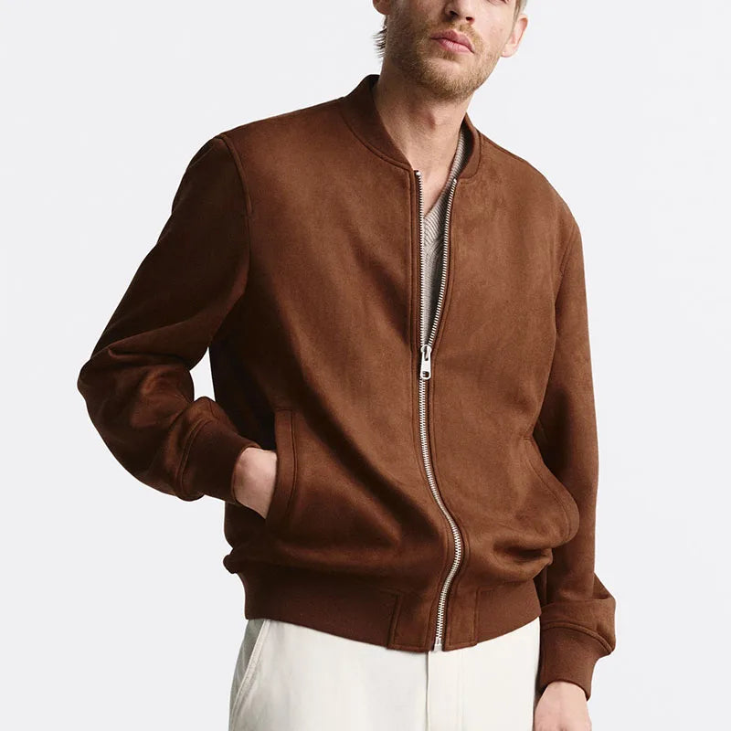 Men's brown suede bomber jacket tailored fit with soft inner lining, smart-casual style