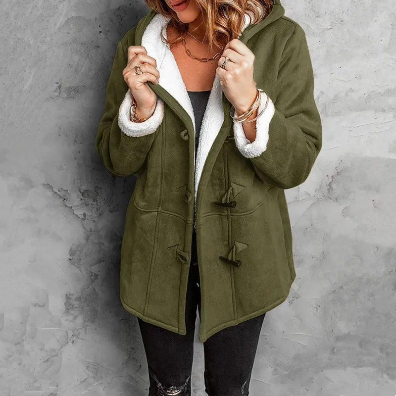 Hooded unisex winter coat with plush fleece lining, toggle closures, and outdoor-ready style