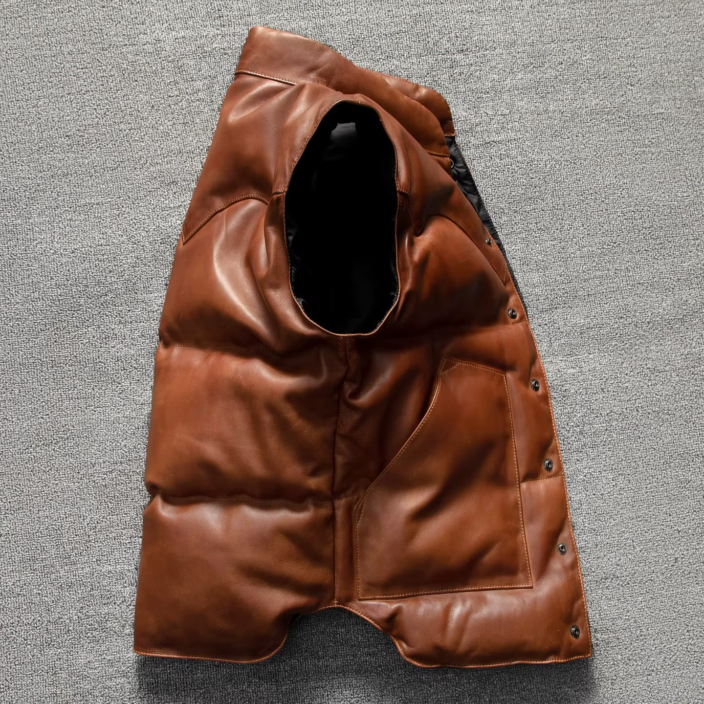 Men's dark brown quilted lambskin leather puffer biker vest with premium insulation for motorcycle riders