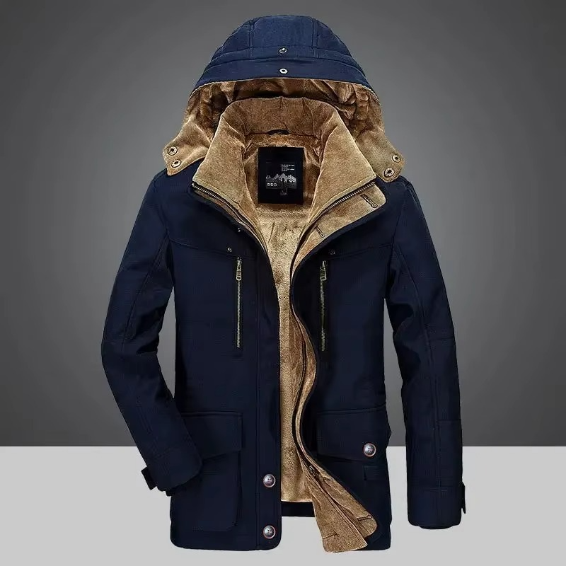Men's dark winter parka jacket with thick fleece lining, rugged hooded cut for cold weather hiking