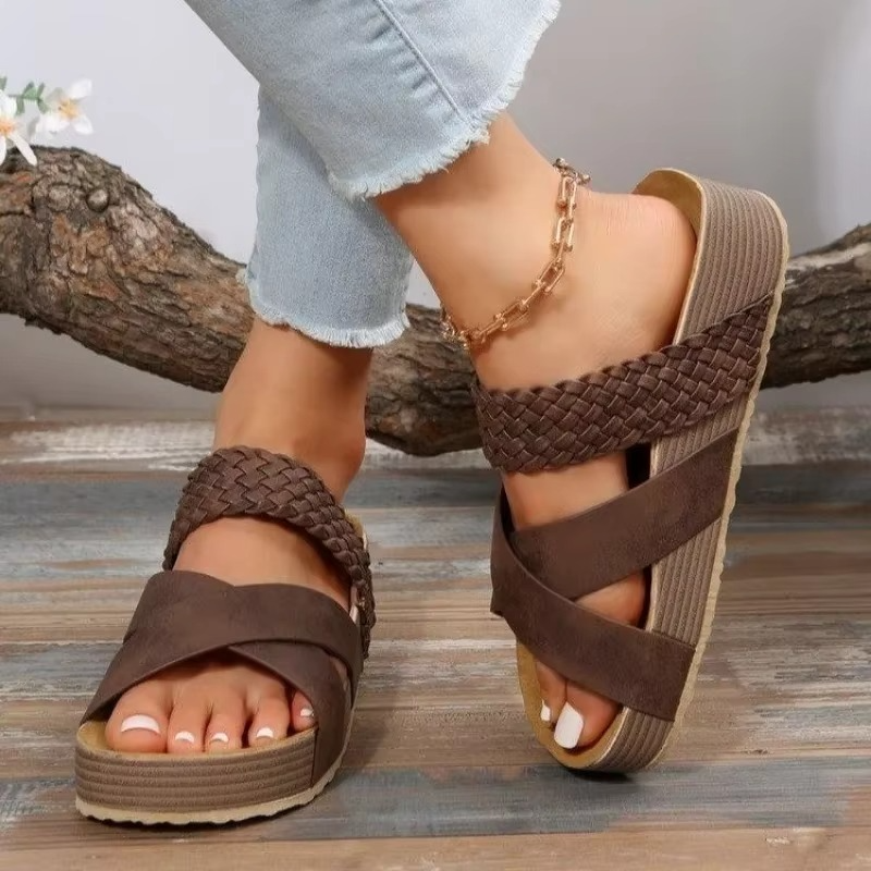 Women's brown open-toe platform slip-on sandals with cushioned sole, available up to size 12