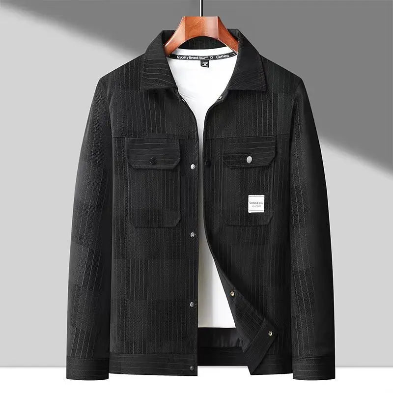 Men's navy pinstripe tailored jacket with structured down collar for smart casual refined look