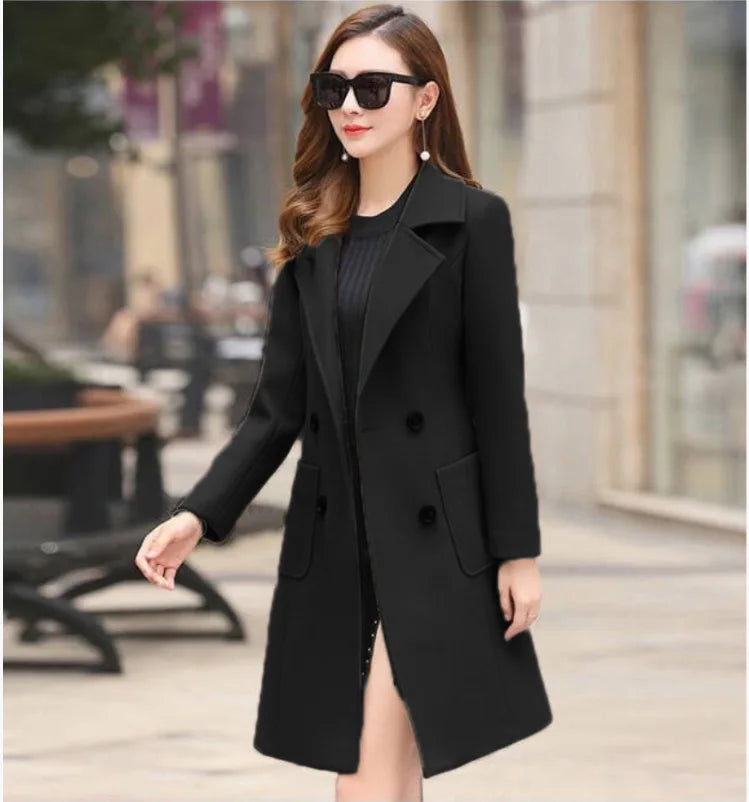 Women's slim-fit double-breasted wool winter coat with turn-down collar in classic style
