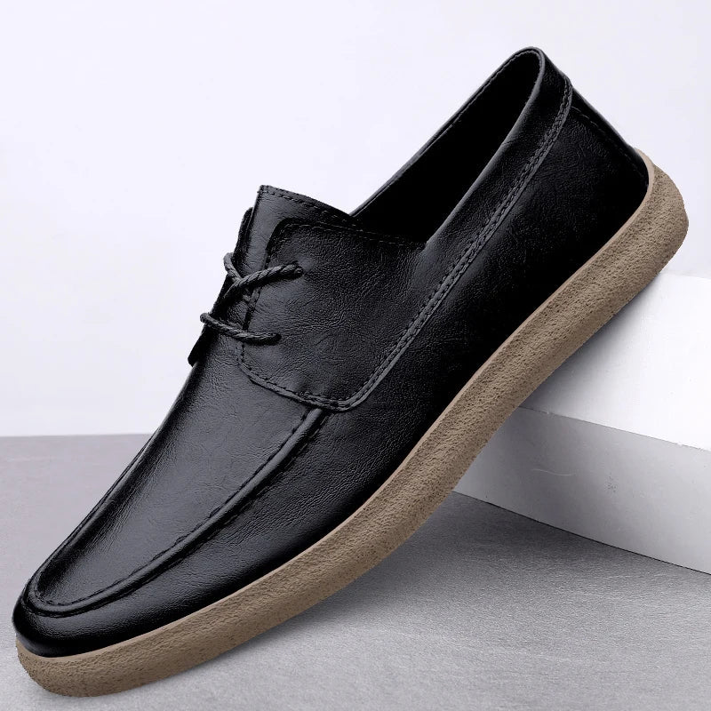 Men's dark brown leather open-laced Derby loafer with cushioned insole and crepe sole
